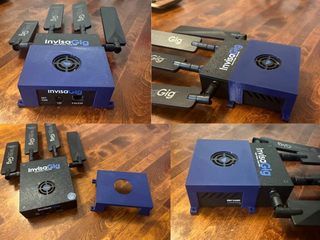 Customer made 3D printed Blue wall mount for the InvisaGig. Shown with the InvisaGig inside of it, at different angles.