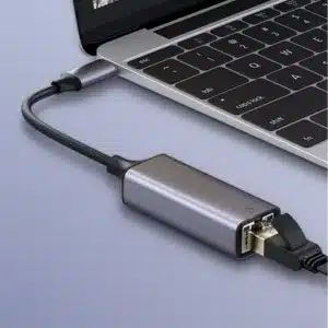 Picture of a USB to Ethernet adapter that can be used to plug the InvisaGig into a laptop or mobile device.