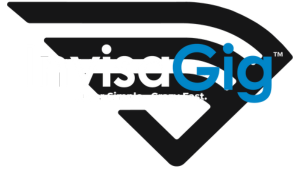 The InvisaGig company and product logo. Similar to a wifi emblem, but with the side of the logo sweeping off to the side. White and Blue text, reading "InvisaGig. Super Simple. Crazy Fast."