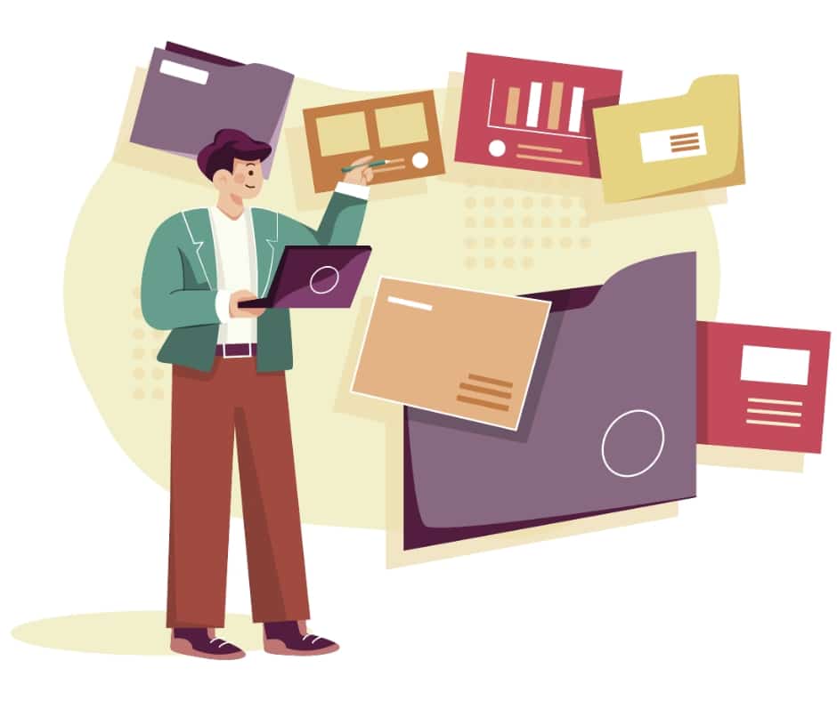 A vector art image of an office worker standing holding a laptop checking off on floating documents, surrounded by charts and folders and documents graphically represented like it's all imaginarily floating. Representing documentation updates announcements.