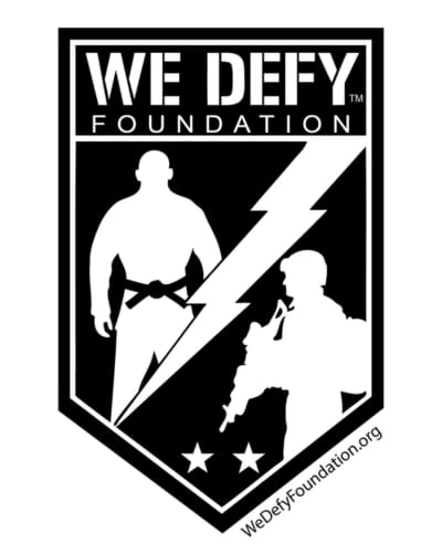 Illustrative logo in the shape of a shield badge with an outline of a person wearing a Jiu Jitsu Gi and other person in soldier uniform carrying a rifle. Separated by a lightning bolt. All in black and white with the Text "WE DEFY Foundation" at the top.